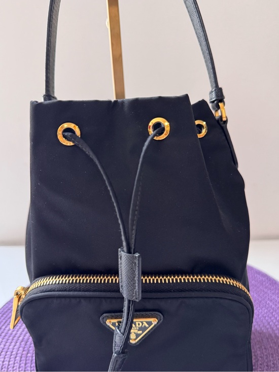 Prada Black Nylon Drawstring Bucket handbag with Gold Hardware